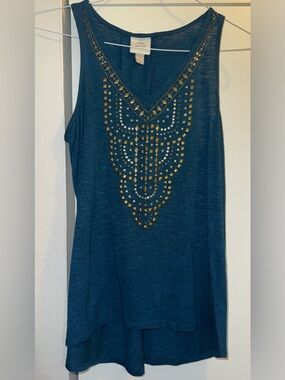 Knox Rose Dark Teal Gold Studded Rhinestone Embellished V-neck tank small